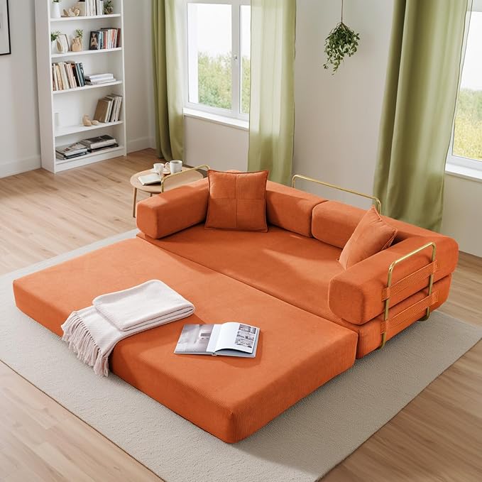 Antetek Convertible Futon Sofa Bed, 3-Seater Modern Corduroy Foam Floor King Size Bed Fold Out Sleeper Lounge Loveseat Sofa Couch with 2 Throw Pillows for Living Room Bedroom Guest Room, Orange