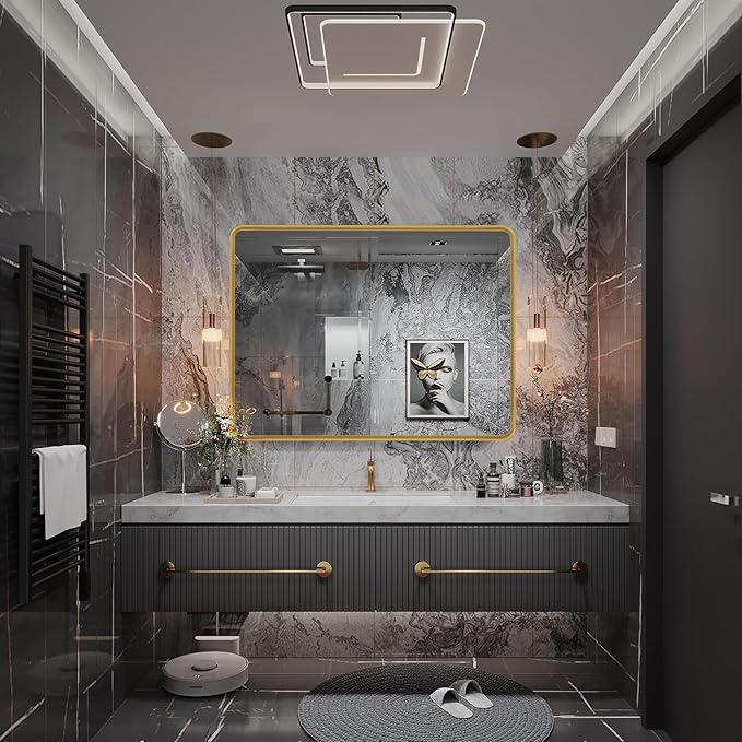 Gold Framed Mirrors for Bathroom,40 x 30 Inch Rounded Conner Rectangle Mirror for Wall, Matte Gold Vanity Mirror with Tempered Glass,Anti-Rust,Hangs Horizontally or Vertically