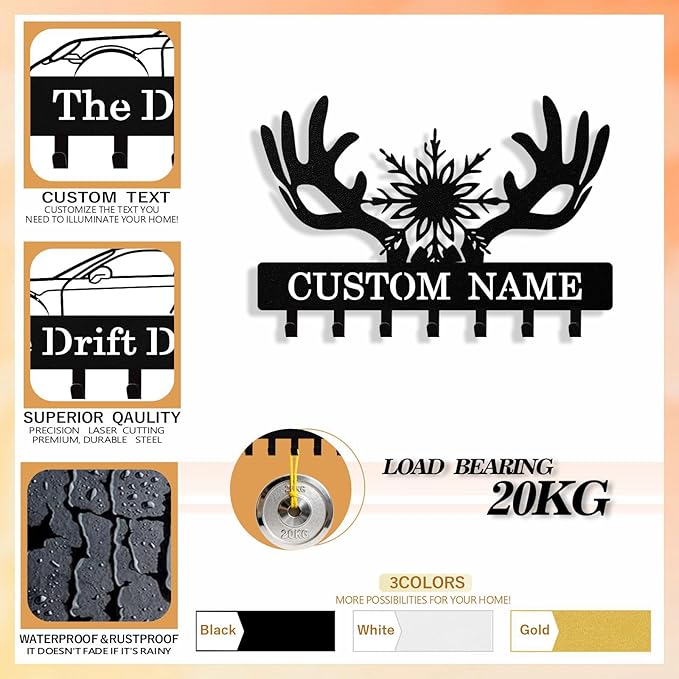 Personalized Deer Antler Key Holder Wall Mount, Custom Metal Keys Hanger for Wall with Name, Custom Key Rack Holder with Hooks for Entryway, Front Door, Hallway, Living Room, Kitchen