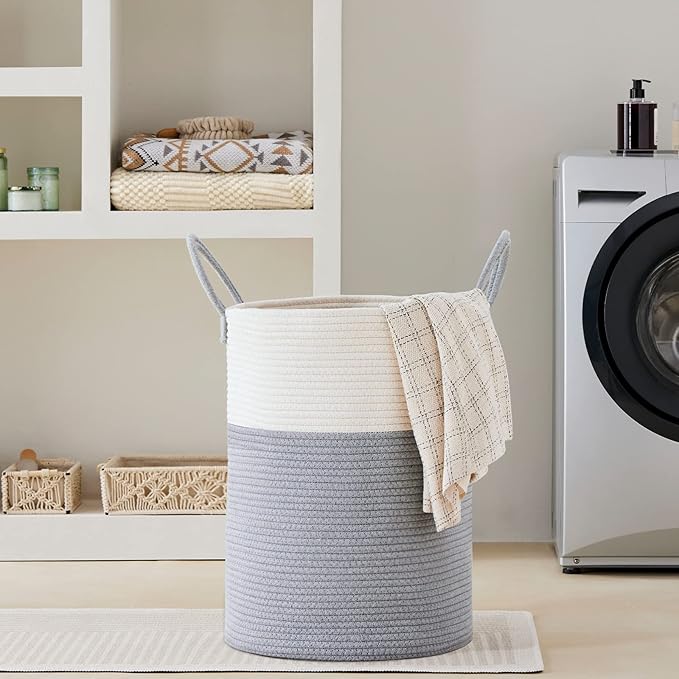 VIPOSCO Large Laundry Hamper, Tall Woven Rope Storage Basket for Blanket, Toys, Dirty Clothes in Living Room, Bathroom, Bedroom - 100L Grey & White