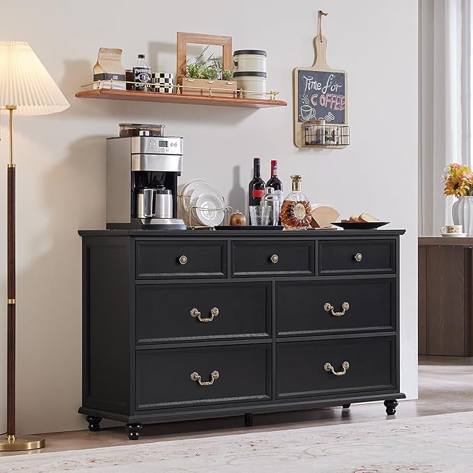 24" Wide Farmhouse Nightstand with Charging Station Set of 2,54" 7 Drawers Dresser, 37" Tall Rustic Chests of Drawers, Farmhouse Furniture Series for Bedroom,Black