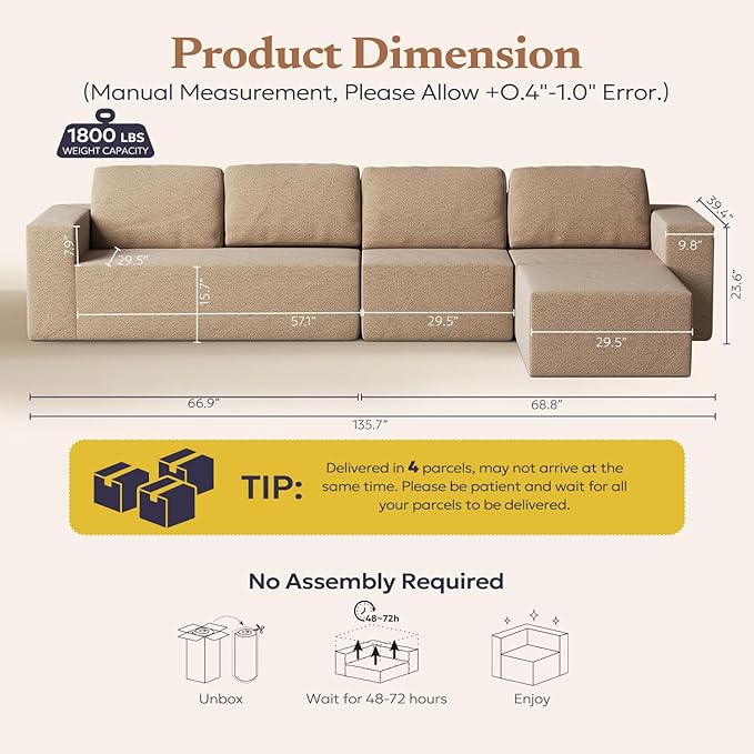136" Modular Sectional Couch Left/Right Facing Convertible, L-Shape Modern Teddy Sofa, Deep Seat Upholstered Foam Couch for Living Room Bedroom, No Assembly Required (Camel, Teddy Boucle)