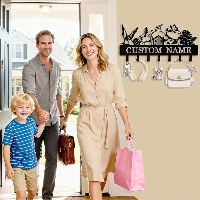 Personalized Key Holder Wall Mount, Custom Metal Bird Butterfly Keys Holder for Wall with Name, Wall Key Hanger Rack with Hooks for Entryway, Front Door, Living Room, Kitchen, Bathroom, Garden