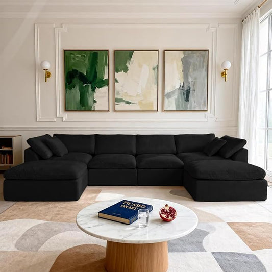 Cloud Modular Sectional Sofa Couch,141” U-Shape Sofa with Wide Armrest, Modern High-Density Sponge Compressed Couch for Living Room, Bedroom,No Assembly Needed (Black, 4 Seats+ 2 Ottoman)