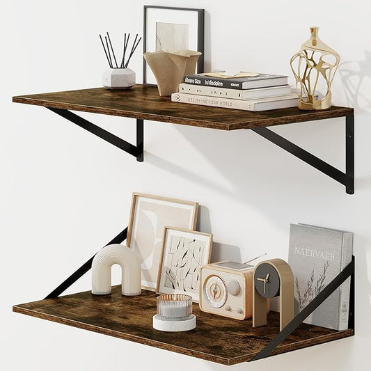 Fun Memories Floating Shelves for Wall, 12 Inch Deep Floating Shelves Set of 2, 24W x 12D Large Wall Shelf with Sturdy Metal Brackets for Living Room, Bathroom, Bedroom and Kitchen, Rustic Brown