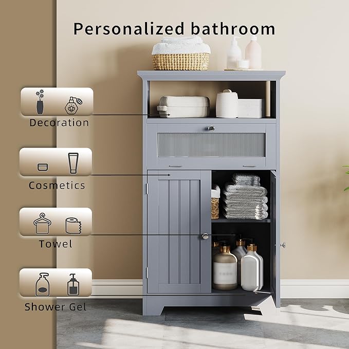ChooChoo Bathroom Floor Storage Cabinet with Flip Glass Drawer, Bathroom Cabinets Freestanding with 2 Doors Adjustable Shelf & 1 Open Storage for Bathrooms, Living Room, Hallway, Grey