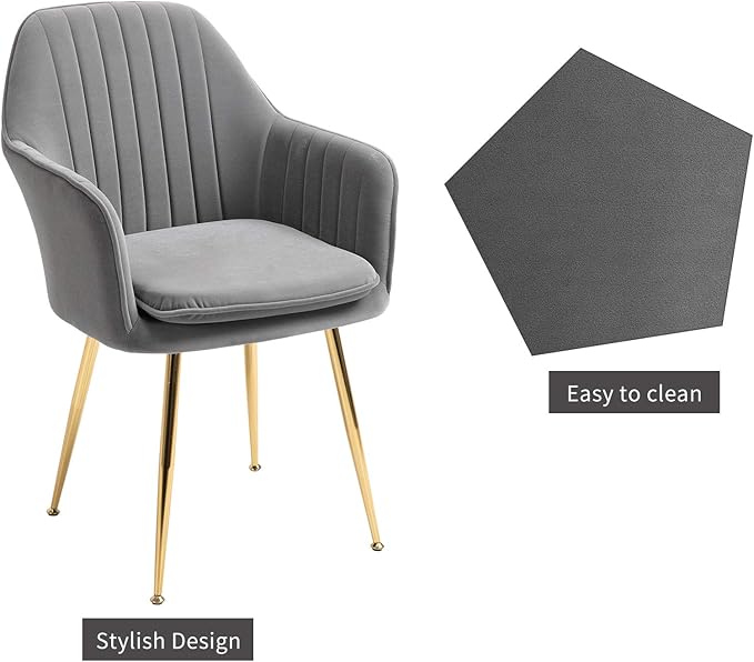 ECOTOUGE Matte Velvet Dining Chairs Set of 6, Modern Arm Chair with Golden Metal Legs, Living Room Accent Chairs for Kitchen, Grey