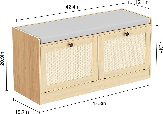 MHOM Rattan Shoe Bench for Entryway, Hallway and Bedroom - Boho Bench with Storage Cabinets and Seat Cushion - Wooden Storage Bench Fits up to Size 16 - Natural Oak