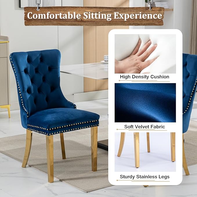 Goujxcy Glass Dining Table Set for 4, Modern Kitchen Table and Chairs Set of 4, 5-Piece Kitchen Dining Room Table Set w/51 Glass Gold Dining Table and 4 Blue Velvet Upholstered Chairs