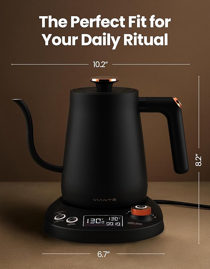 Vianté Electric Gooseneck Kettle with Precise Temperature Control. Pour Over Coffee & Tea Kettle. Boil-Dry Protection & Keep Warm Function. Stainless Steel, BPA-Free. Includes V60#2 Filters. 0.8L