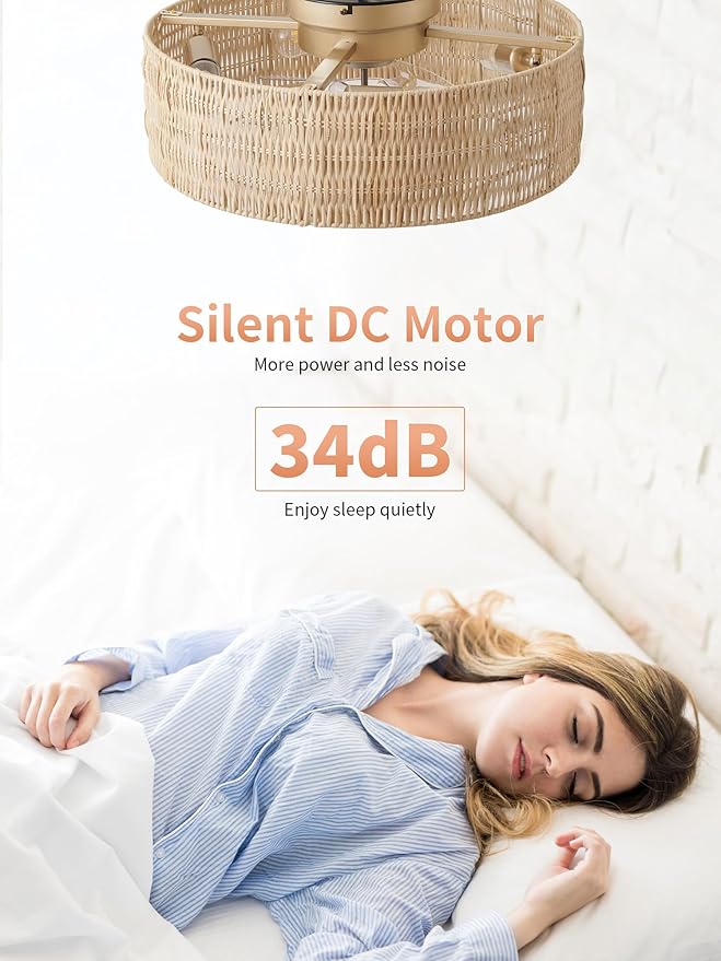 Caged Ceiling Fans with Lights Flush Mount, 20" Fabric Boho Ceiling Fan with Light Remote Control, Enclosed with 6 Speeds for Bedroom, Nursery, Living Room (Beige)