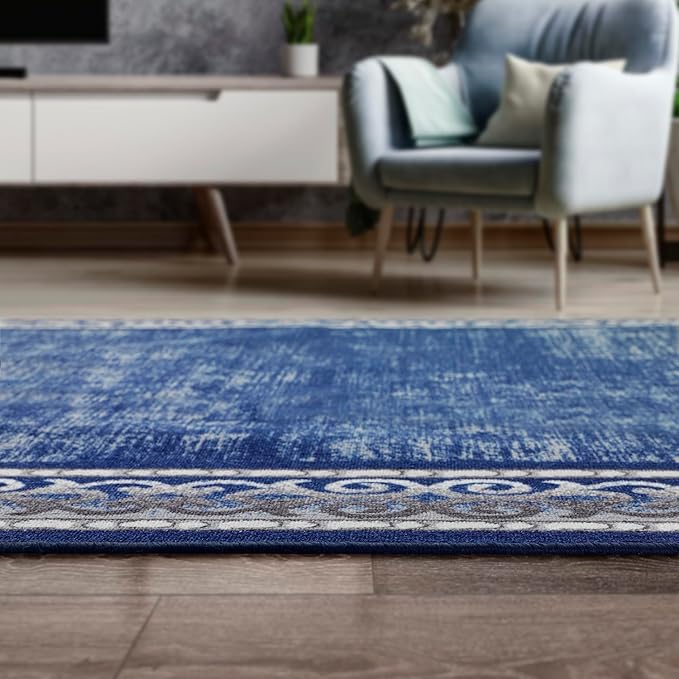 Antep Rugs Alfombras Bordered Modern 5x7 Non-Slip (Non-Skid) Low Pile Rubber Backing Indoor Area Rug (Navy, 5' x 7')