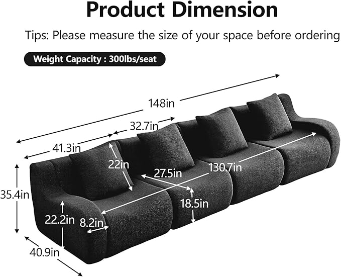 Black 4-Seater Cloud Couch, Modern Teddy Fabric Boneless Sectional Sofa in a Box for Living Room, Modular Floor Couch, Comfortable Deep Seat, No Assembly Required, Sofas para Sala