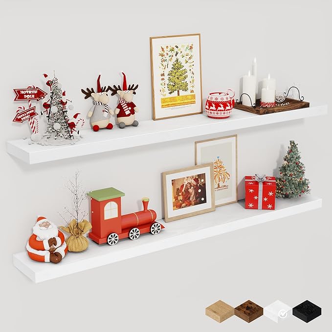 Fun Memories White Floating Shelves for Wall, 48 Inch Floating Shelves for Home Decor, Wall Mounted Rustic Wood Shelves, Bathroom, Hanging Deep Shelf for Bedroom, Living Room, Kitchen, 2 Packs