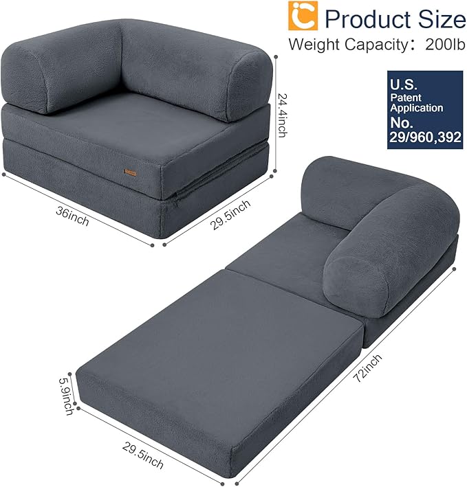 COMAX Folding Sofa Bed Single, Fold Out Chair Bed, Foldable Sofa Chair, Convertible Sleeper Futon for Adults, Floor Couch Mattress for Small Spaces Bedroom Living Room Guest Room, Faux Fur Dark Grey