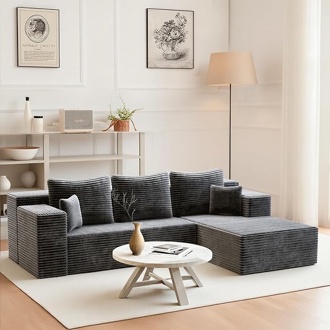 106'' Boneless Couches for Living Room, L Shaped Modular Sectional Sofa with Chaise Lounge, Faux Rabbit Fur & Layered Cushion Deep Seat Cloud Couch, No Assembly (Dark Grey, Right Facing Chaise)