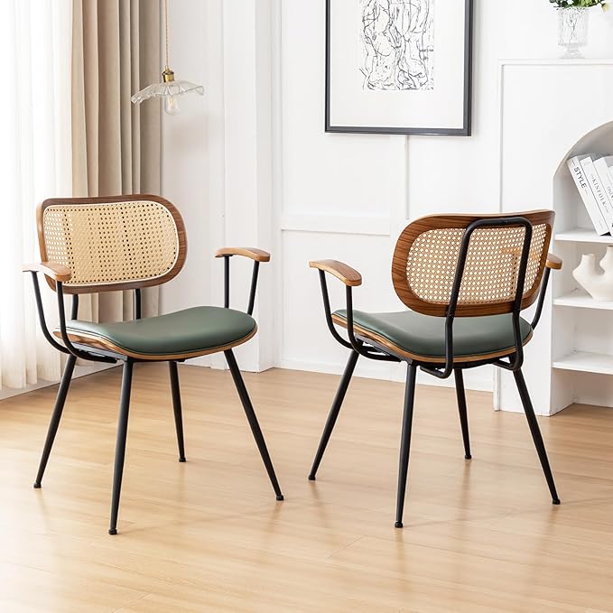 Rattan Dining Room Chairs Set of 4,Mid Century Modern Kitchen Side Chairs,Metal Legs Desk Chair,Faux Leather Accent Chair with Arms and Rattan Backrest Green PU