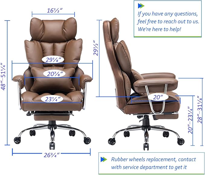 Efomao Big and Tall Office Chair 400lbs – PU Leather Executive Office Chair with Lumbar Support & Leg Rest, Heavy-Duty Computer Chair for Home Office, Brown