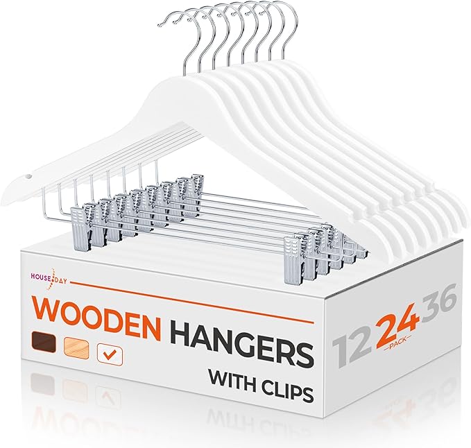 HOUSE DAY Wooden Hangers with Clips 24 Pack, Heavy Duty White Wood Pants Hanger, Premium Skirt Hanger with Adjustable Clips, Solid Clip Hangers for Suit, Blouse, Dress, Coat, Jacket, Bottom