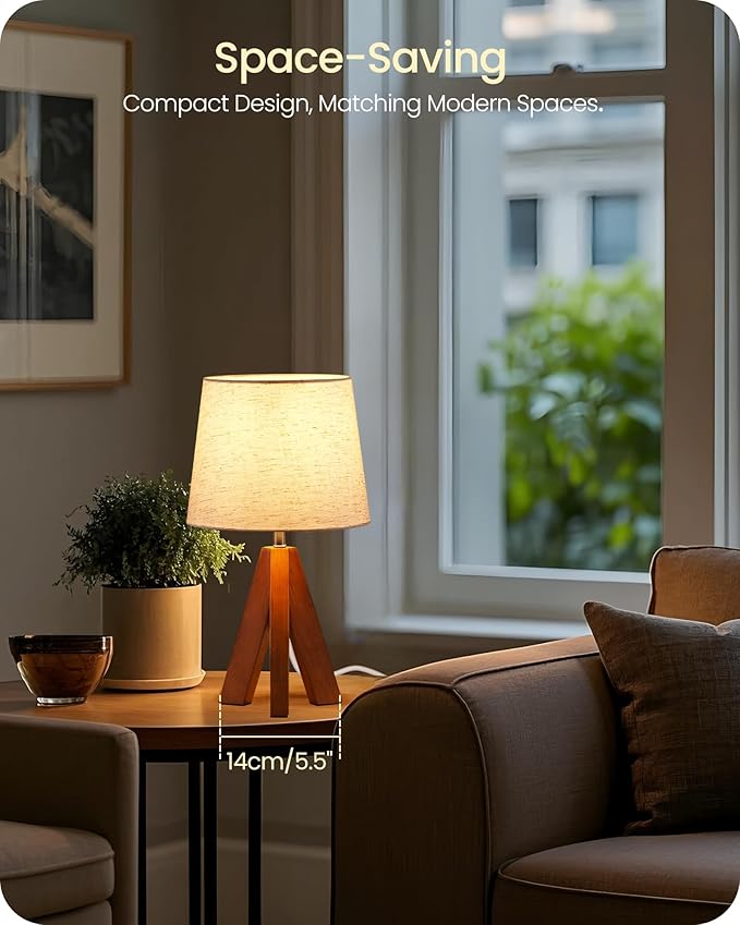 Small Tripod Table Lamp, Modern Nightstand Lamp with Fabric Shade, Boho Bedside Wood Desk Lamp for Bedroom, Kids Room, Living Room, Office, Study, Dark Wood and Beige, LE51TL05