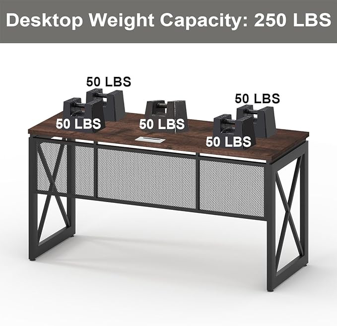 BON AUGURE Farmhouse Computer Desk, Modern Industrial Home Office Desks, Wood Metal Study Writing Table, Sturdy Gaming Desk (Rustic Oak, 54 Inch)