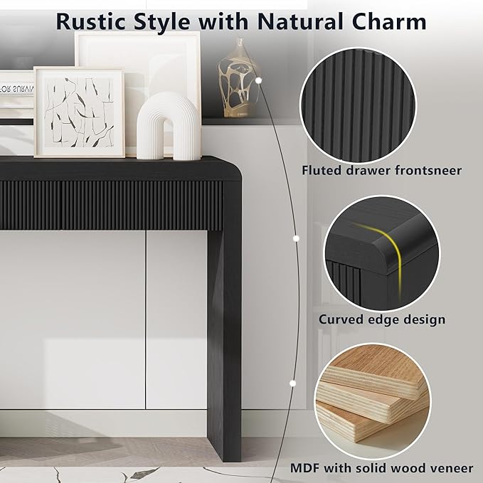 55”Curved Rustic Console Table with 3 Fluted Drawers,Solid Wood Veneer Entry Table Foyer Hallway Table, Narrow Sofa Table Natural Wood Grain for Living Room, Hallway (Black)