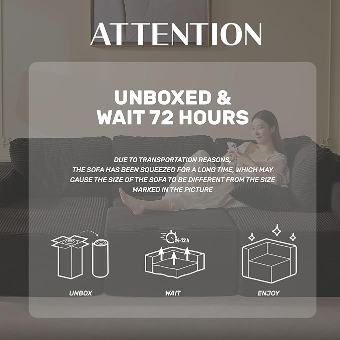 138" Boneless Couch with Deep Seat, Modular Sectional Sofa, Cloud Sectional Couch for Living Room, No Assembly Required, Corduroy, U-Shape 4 Seater Left, Black