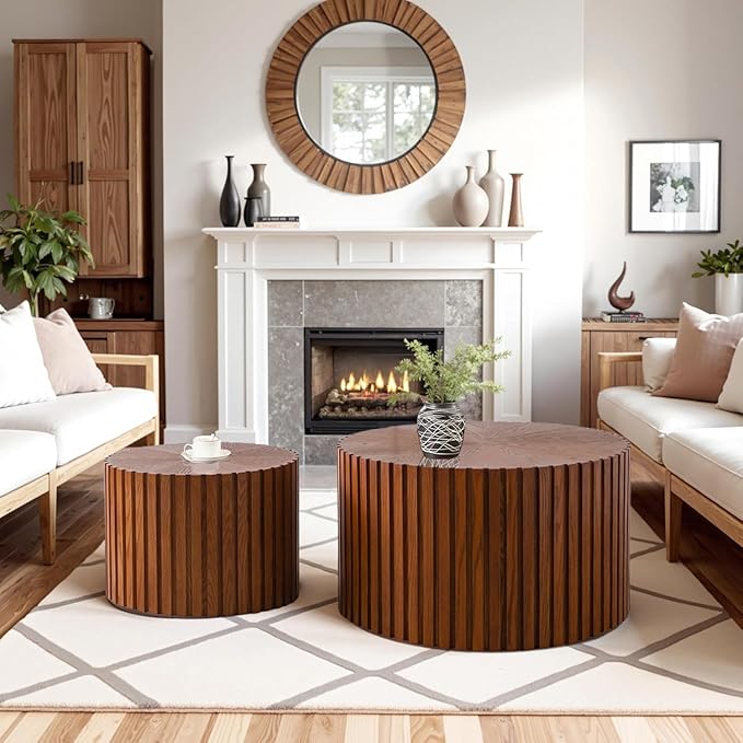 Round Nesting Coffee Table Set of 2, Round Fluted Coffee Tables for Living Room Modern Nesting End Side Tables for Small Spaces (D Brown)