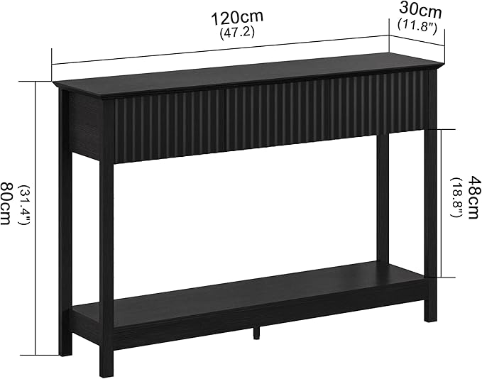 Treocho 47" Fluted Console Table with 3 Drawers, Narrow Long Entryway Table with Storage and Shelf, 2-Tier Sofa Table Behind Couch Accent Tables for Entrance Foyer, Hallway, Living Room, Black
