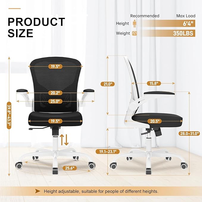 Synorla Office Chair, Ergonomic Desk Chairs 330LBS Capacity High Back Mesh Computer Chair with Flip-up Armrests, Comfy Work Chair with Adjustable Lumbar Support