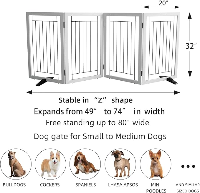 ZJSF Freestanding Dog Gate Indoor, Foldable Dog Fence for Doorways,Hallways or Stairs, Sturdy Wood Extra Wide Pet Gate with Support Feet,White,32 "Height-4 Panels