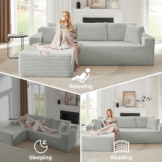 Modular Cloud Sectional Couch with L-Shape Chaise,Modern Upholstered Couches with Deep Seat,Corduroy Sponge Compressed Sofa for Living Room,No Assembly Required (Light Gray)