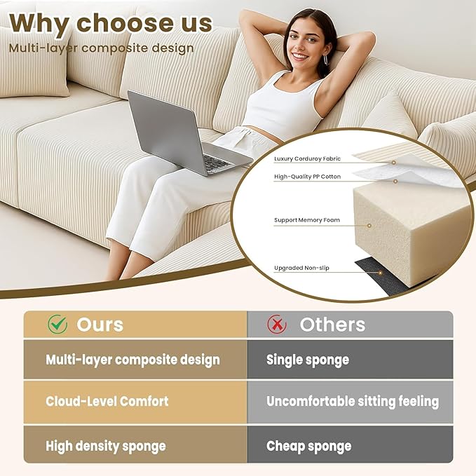 Oversize 131” Boneless Couch for Living Room, Comfort L Shaped Cloud Couch Sectional, Extra Deep Seats Corduroy Modular Sectional Sofa No Assembly,Beige