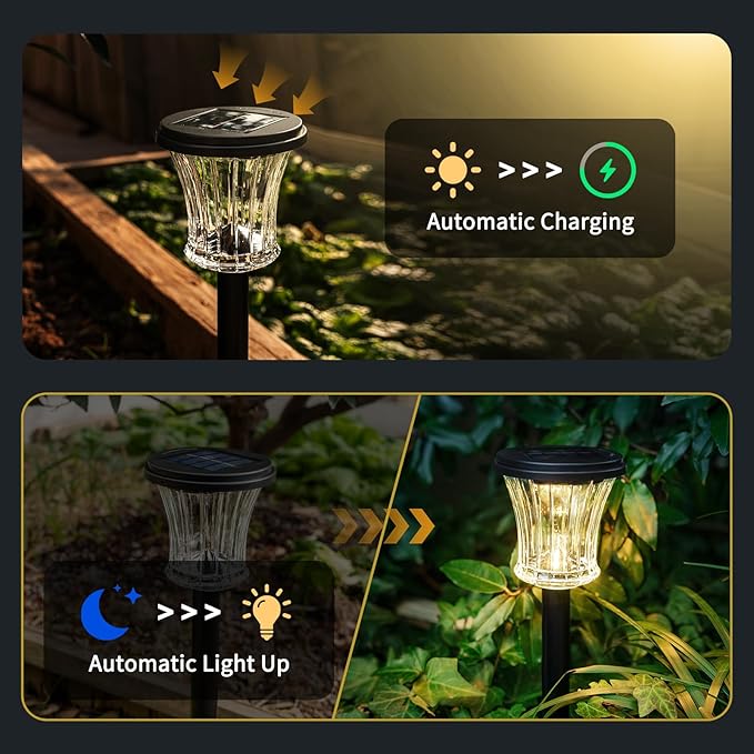 Glass Solar Pathway Lights Outdoor Waterproof, Decor Landscape Lighting with Modular Design, 3000K LED, Auto On/Off Solar Stake Light for Yard Garden Driveway Walkway Lawn, Warm White (6 Pack)