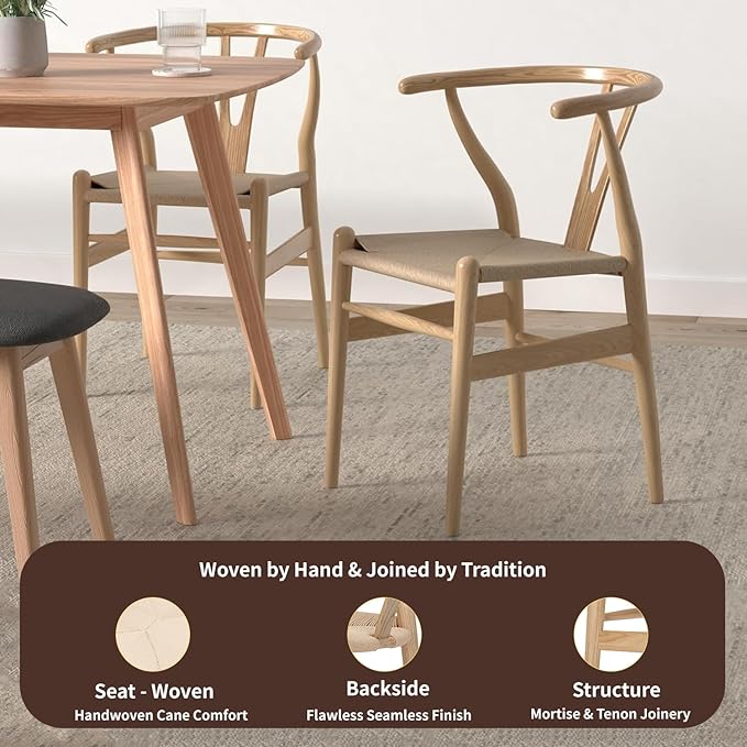 Tomile Solid Wood Wishbone Chair Y Chair Mid-Century Armrest Dining Chair, Hemp Seat (Ash Wood - Natural Wood Color)