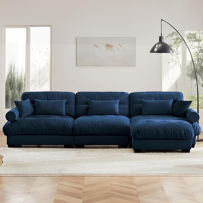 130" Oversized L Shaped Sectional Sofa, 3 Seater Modular Velvet Cloud Couch with Ottoman, Blue Large Fluffy Couch Set for Living Room