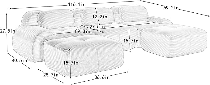 116" Modern Compressed Boneless Couch with Ottoman, 3 Seater Large U Shaped Sectional Couches for Living Room, Blue Corduroy Cloud Modular Sectional Sofa, Memory Foam, Extra Deep, No Assembly