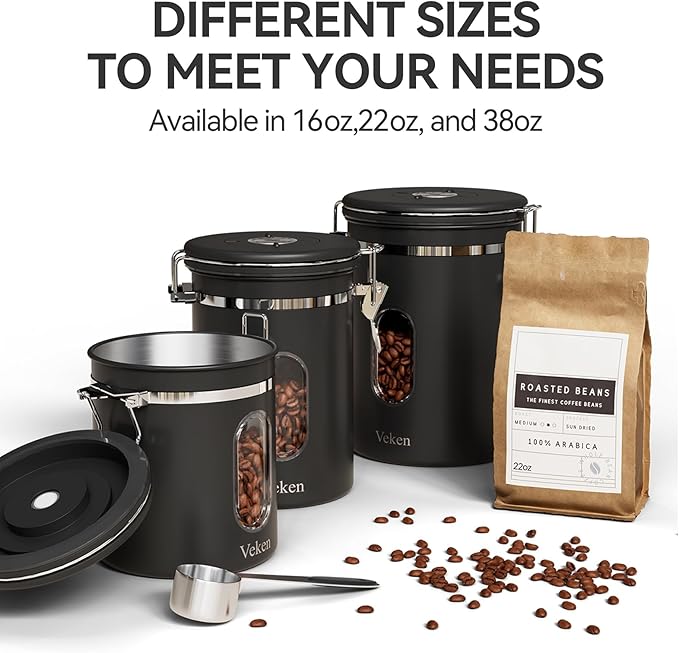 Veken Coffee Canister with Window,Airtight Stainless Steel Pantry Container,Home Kitchen Food Storage Organizers for Ground,Beans,Espresso,Rice,Tea,Sugar,Cereal, Flour,Bar Accessories,Gifts,22OZ,Black