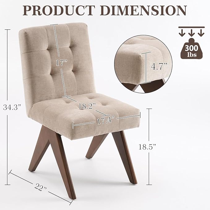 Rowill Modern Upholstered Dining Chairs Parsons Chair Linen Fabric Kitchen Chairs Tufted Armless Dining Room Chairs with Wood Legs Set of 2, Khaki