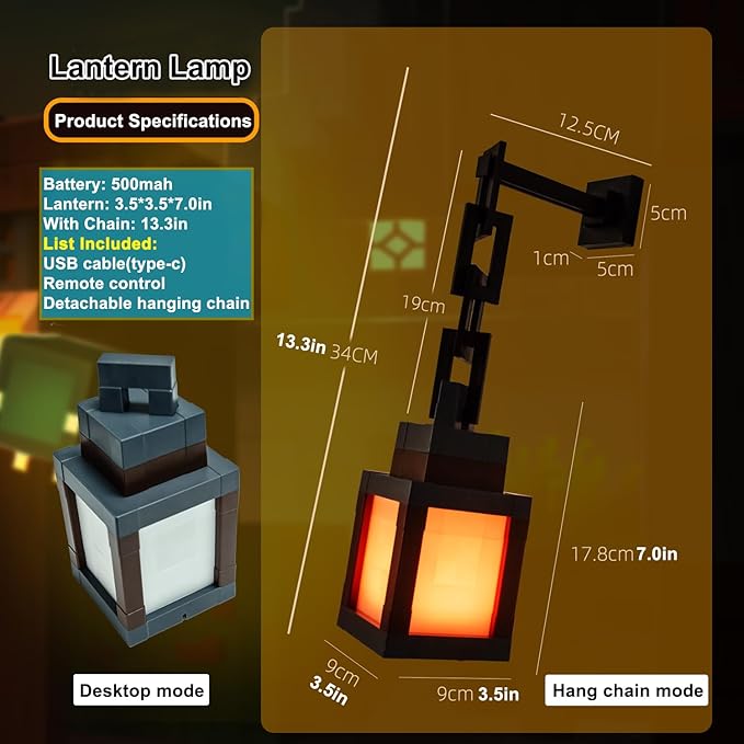 Pixelated Lantern Night Light, 2026 Xmas Gift LED 16 Colors Change Hanging Lantern Lamp from Minecraft - Rechargeable Wall Tabletop Night Lights for Gamer Boys Girls Man Bedroom Game Room Wall Decor