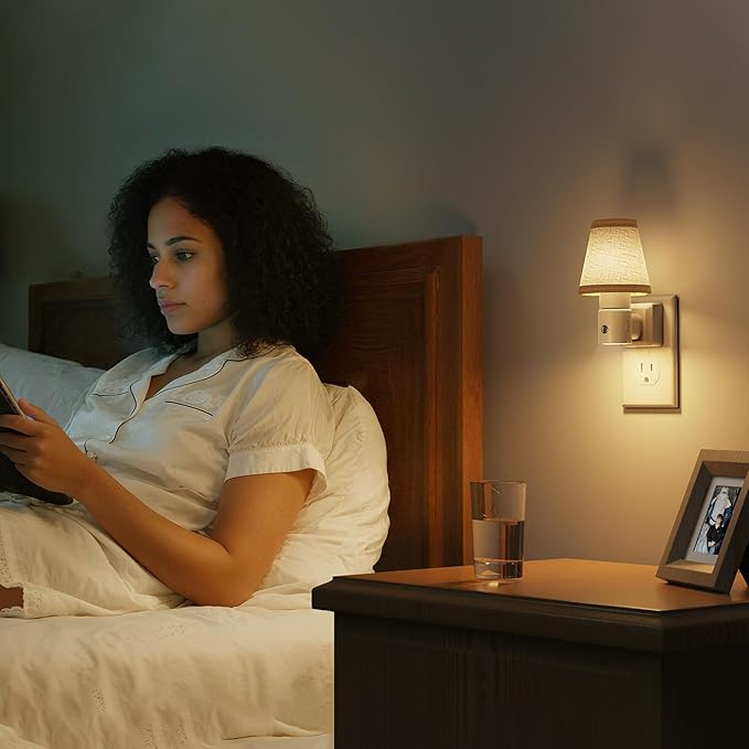 L LOHAS LED Night Lights Plug into Wall, Plug in Night Light Dimmable, Soft Warm Nightlight with Light Sensor, Rotatable Base, Vintage Linen Fabric Nightlights Plug in Wall for Bathroom Kitchen 1Pack