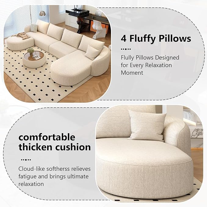138.6" Modular Sectional Couches Luxury Modern Curved Back U-Shape Sofa Set with Ottoman,Minimalist Comfy Boneless Cloud Couch for Living Room Apartment,(Right Facing Chaise,White)