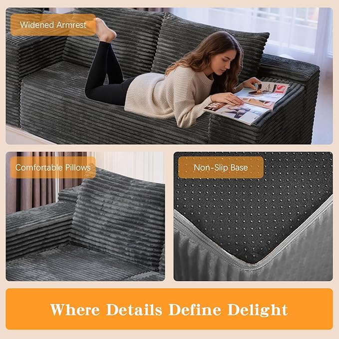 106'' Boneless Couches for Living Room, L Shaped Modular Sectional Sofa with Chaise Lounge, Faux Rabbit Fur & Layered Cushion Deep Seat Cloud Couch, No Assembly (Dark Grey, Left Facing Chaise)