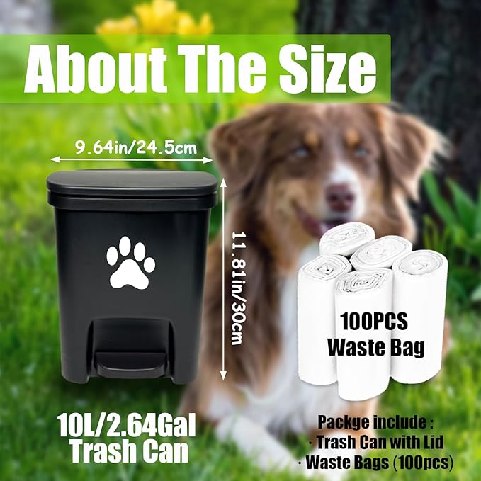 tebiete Dog Poop Waste Bag Container Dog Poop Trash Can Outdoors Pet Waste Station with Lid Dog Waste Disposal Container Bin Bucket Hands-Free Pedal Garden Yard Home with 100pc Waste Bags, Black