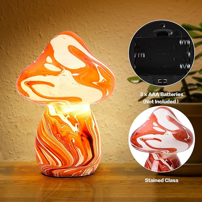 Glass Mushroom Table Lamps Night Lights Cordless Cute Small Nightstand Desk Lamp for Bedroom Living Home Decor Red (E27 Bulb Included)
