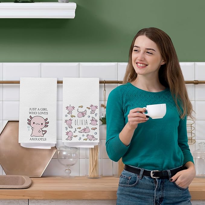 Axolotl Lover Gifts Bathroom Hand Towels, Kids Bathroom Decor, Cute Pink Axolotls Kitchen Towels, Animal Lover Gifts Dish Tea Towel, 16x24 Inch Set of 2