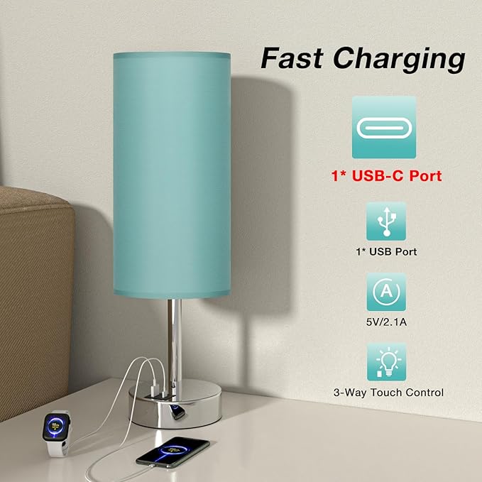 Teal Touch Bedside Lamps for Bedroom - Small Coastal Nightstand Lamp with USB-C and USB A Charging Ports, 3 Way Dimmable Control Table Lamp for Office, Dorm with Fabric Shade Silver Base