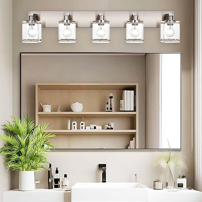 5-Lights Brushed Nickel Bathroom Wall Light with Clear Glass Shade, E26 Bulb Base Vanity Lighting Fixtures Over Mirror for Kitchen Cabinet Bedroom