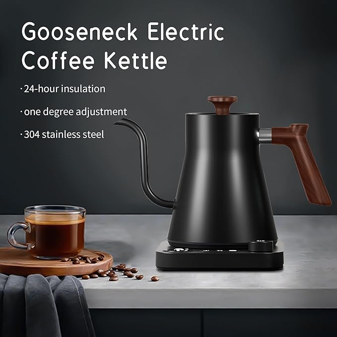RHD Electric Gooseneck Kettle with LCD Display, Real-Time Temp Control Hot Water Boiler to Pour Over Coffee, Brew Tea, Switchable ℉/℃, 1200 Watt Quick Heating Pot, 0.9L, 304 Stainless Steel,Matt Black