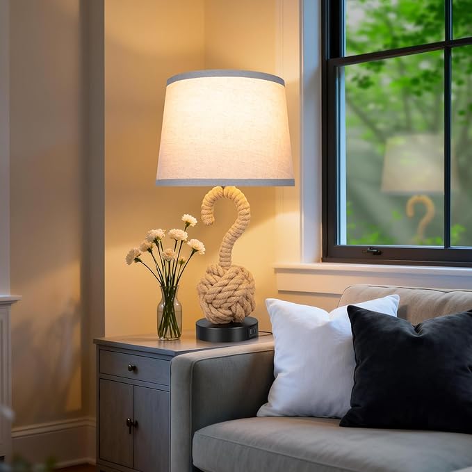 2-Pack 22" Rope Lamps for Night Stands, Boho Table Lamps for Living Room Bedroom Guest Room, 3-Color Temperatures Rattan Lamp with Rotary Switch, Bedside Lamp with USB Ports, 2 Bulbs Included